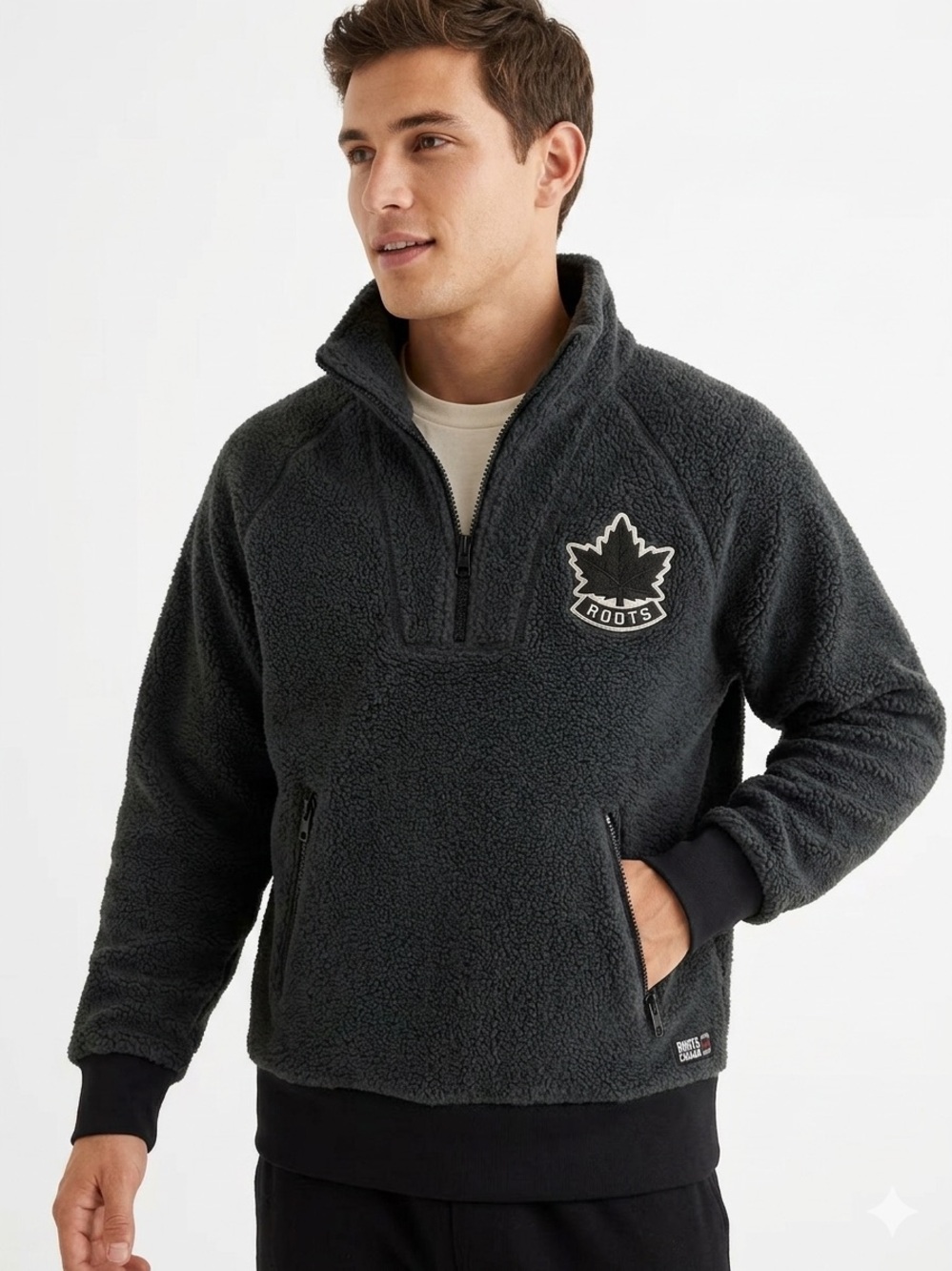 Roots Canada x Toronto Maple Leafs Sherpa Fleece Quarter Zip Sweater Large - 619